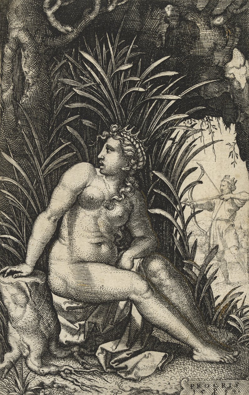 Procris och Cephalus, 1539 (gravyr på lagt papper) av Georg Pencz