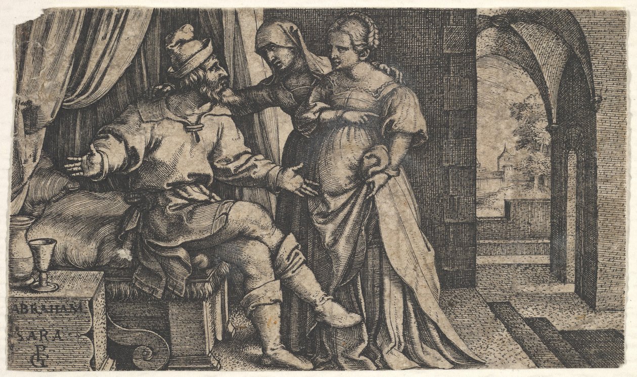 Sara presenterar Hagar för Abraham, som sitter vid fotändan av en säng, från serien The..., ca. 1543. av Georg Pencz