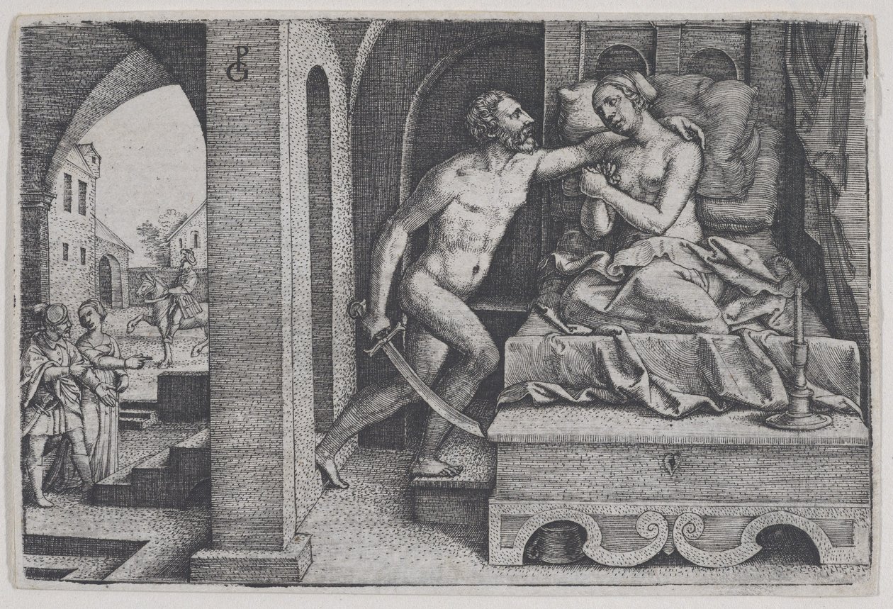Tarquinius våldtar Lucretia, från Scener ur romersk historia. av Georg Pencz