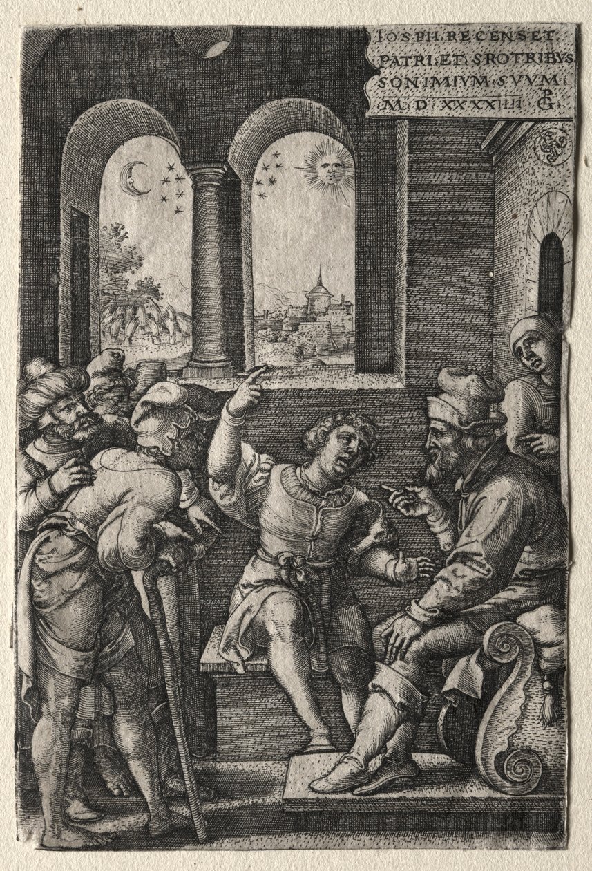 Historien om Joseph: Joseph berättar om sina drömmar för sin far, 1544. av Georg Pencz