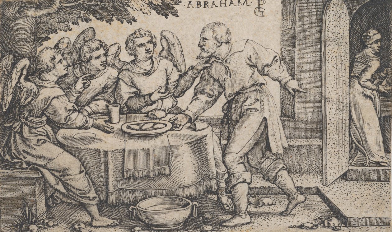 De tre änglarna som besöker Abraham, från Berättelsen om Abraham. av Georg Pencz