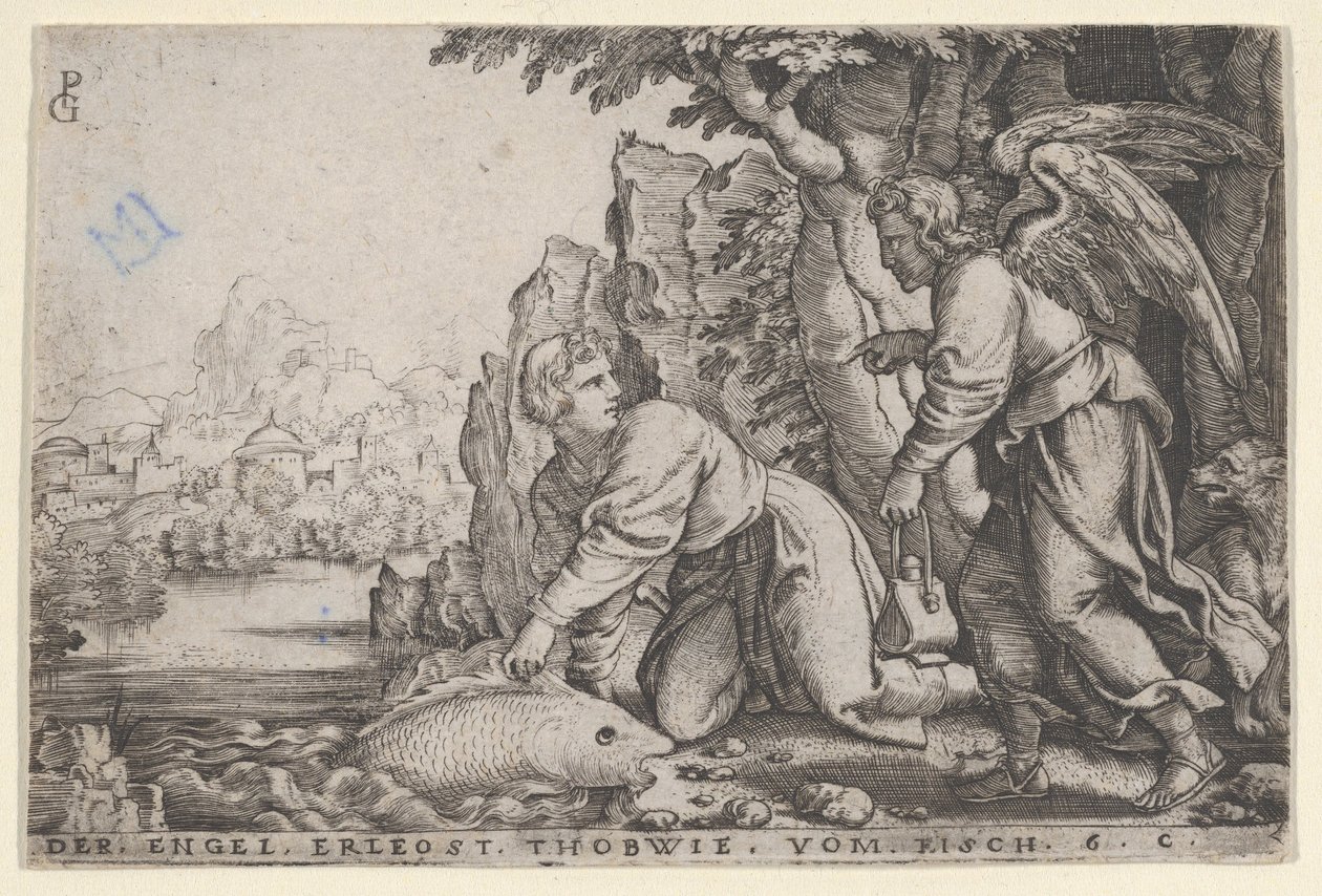 Tobiolus Catches the Fish, från The Story of Tobias, 1543. av Georg Pencz