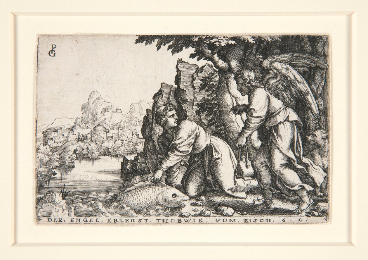 Tobit och ängeln, pl. 5 från serien The Story of Tobit av Georg Pencz