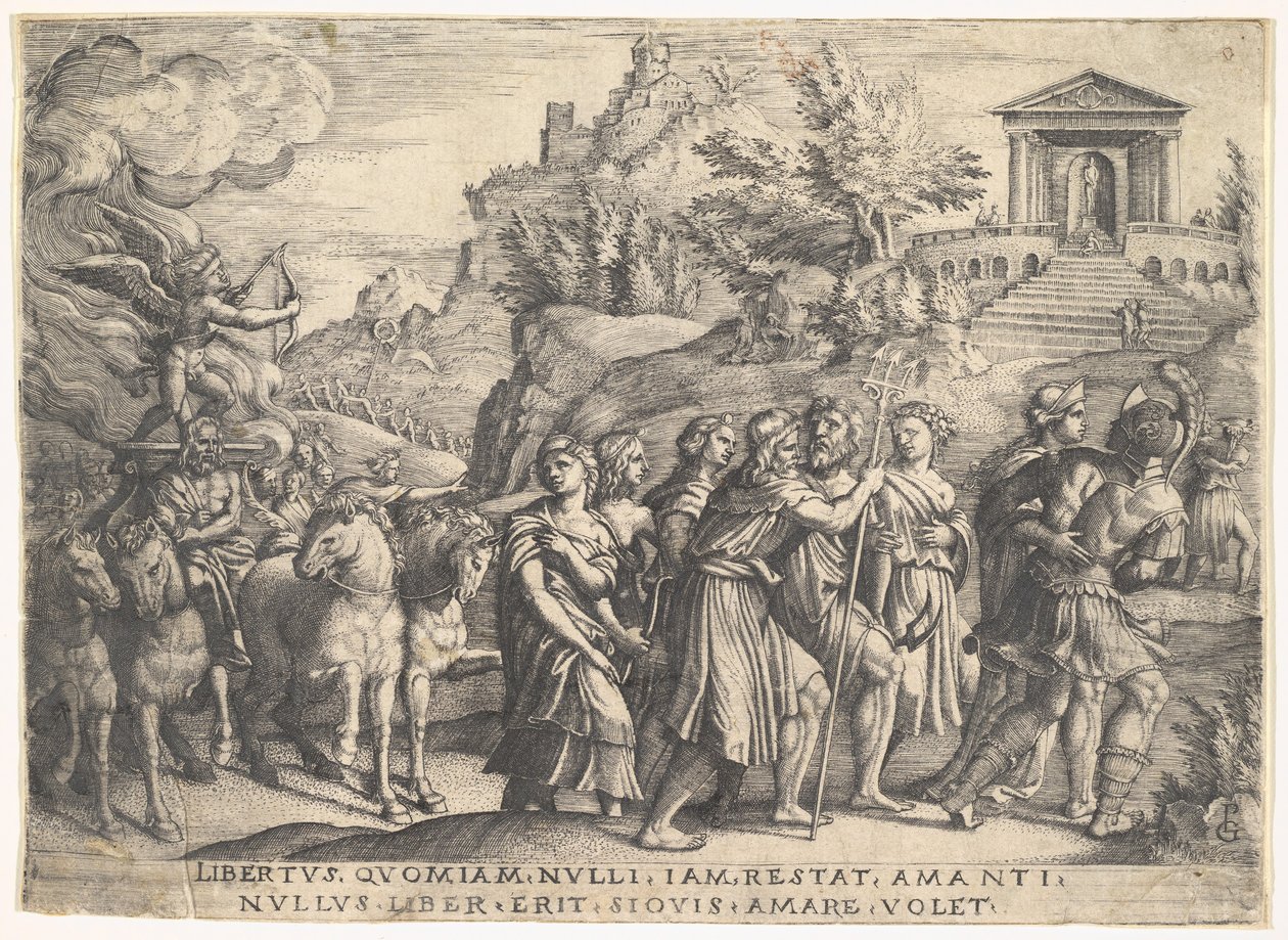 Triumph of Love: fyra hästar drar en vagn med Amor stående på en rykande plattform..., ca. 1539. av Georg Pencz