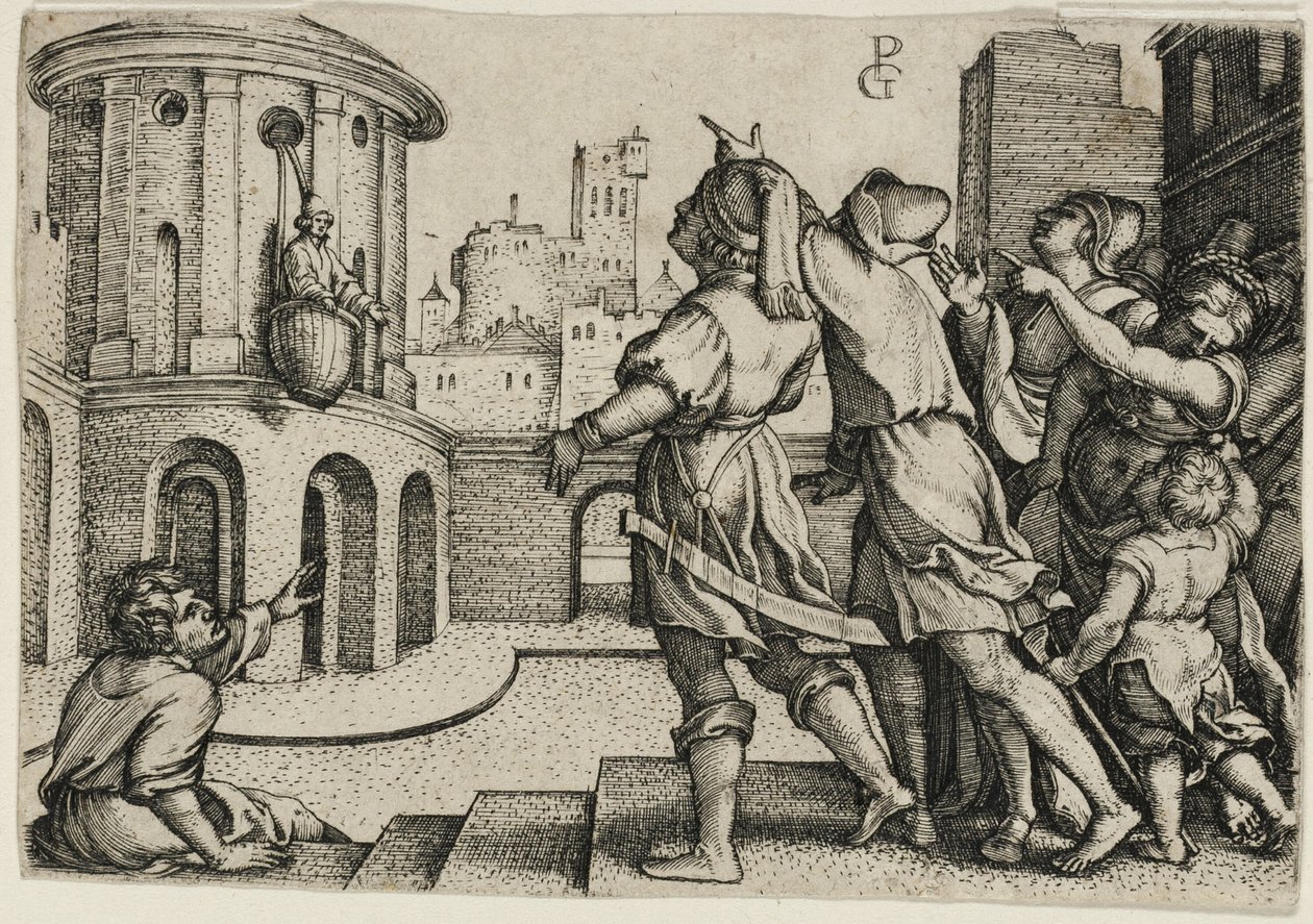 Virgil upphängd i en korg, kopia av Georg Pencz