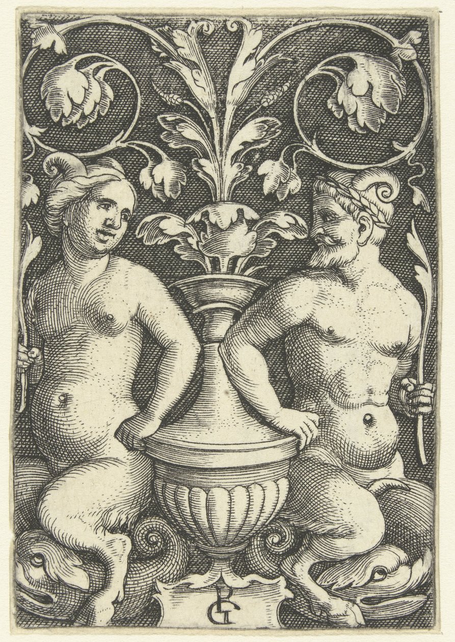 Kvinnlig och manlig satyr Ytdekorationer med grotesker och lövrankor (serietitel) av Georg Pencz