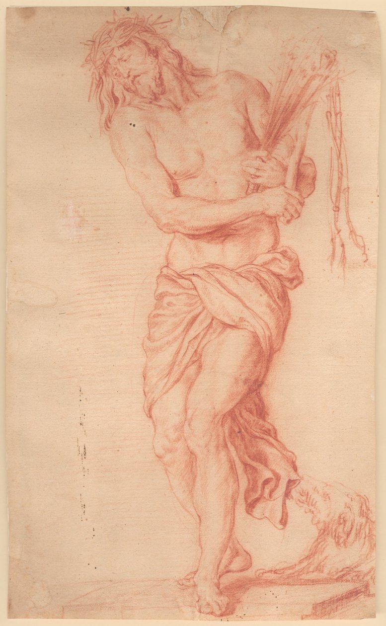 Ecce Homo. Stående, lidande Kristus med ris och knuten piska och törnekrona på hans huvud av Georg Petel