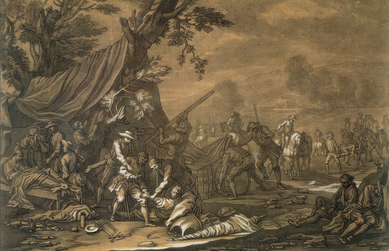 Militärkirurg på slagfältet under det spanska tronföljdskriget, 1707, graverad av Christian Rugendas (1708-81) c.1740 av Georg Philipp I Rugendas