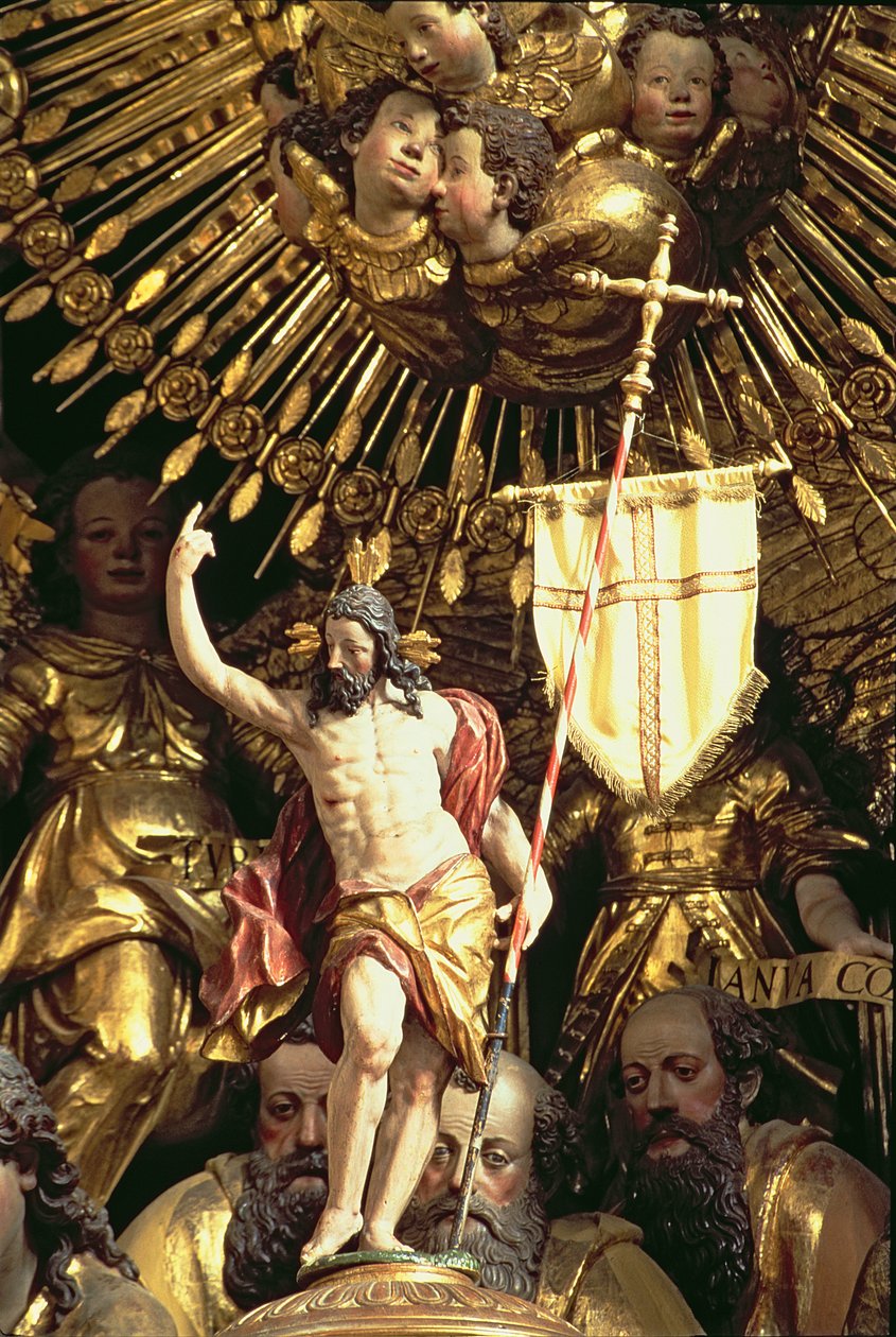 Altaret, detalj av snidning av Kristus triumferande omgiven av änglar och helgon foto av Georg Raphael Donner