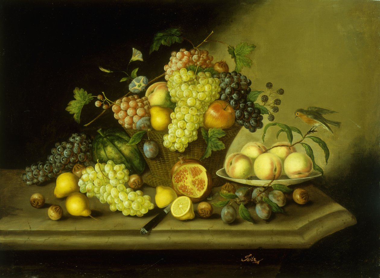 Ett stilleben med en korg med druvor och blandad frukt på en stenavsats av Georg Seitz