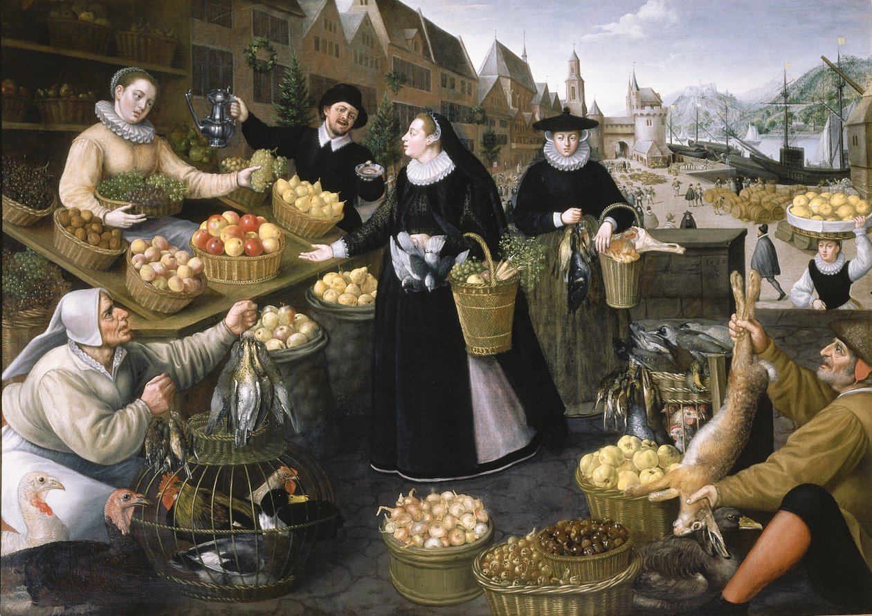 En allegori om hösten: ett frukt- och grönsaksstånd ovanför Weinmarkt i Frankfurt am Main av Georg and Valkenborch Lucas Van Flegel