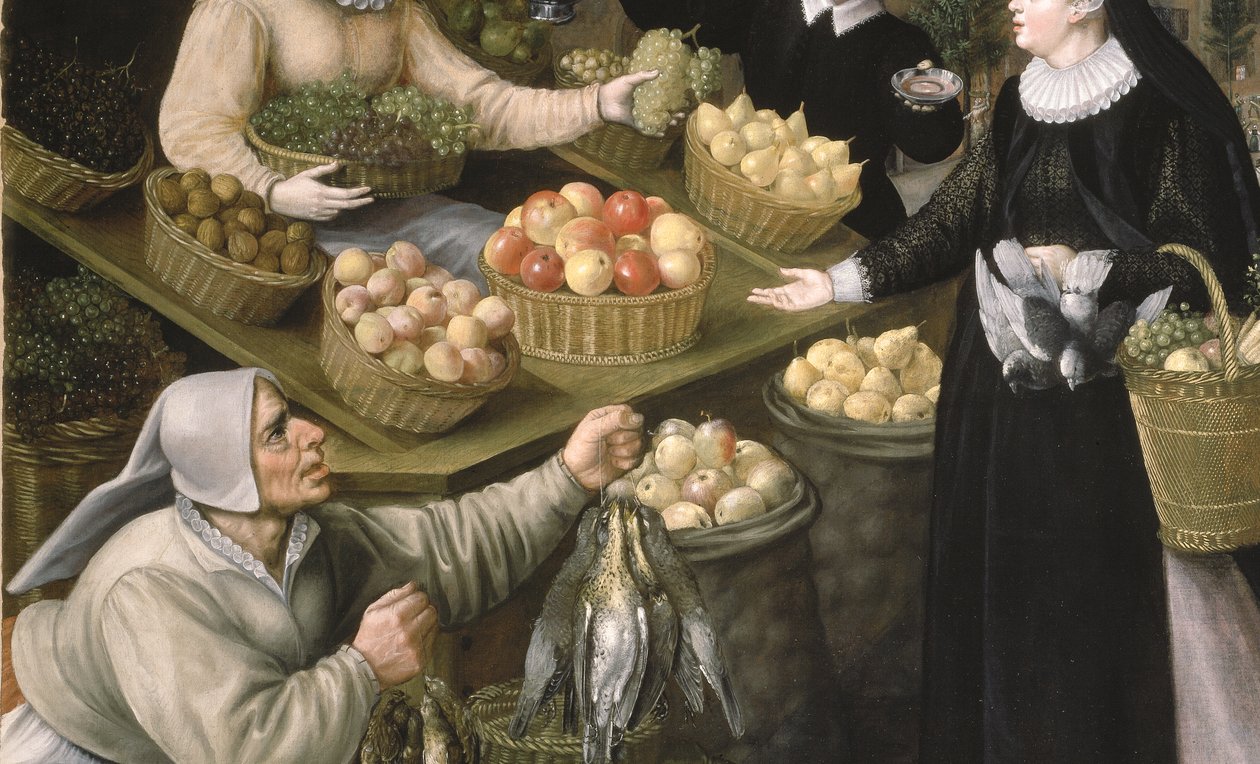 En allegori om hösten: ett frukt- och grönsaksstånd ovanför Weinmarkt i Frankfurt am Main av Georg and Valkenborch Lucas Van Flegel