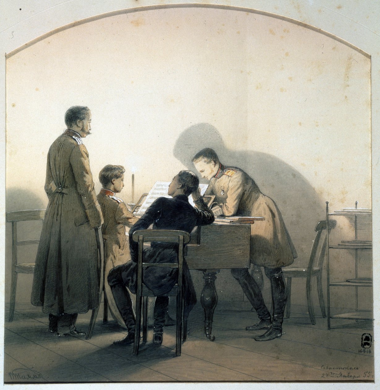 Vid pianot (Vid pianot). Ryska soldater spelade piano under Krimkriget. Målning av George Wilhelm Timm (1820-1895). Akvarell och penna på papper, 20,8 x 20,1 cm av Georg Wilhelm Timm