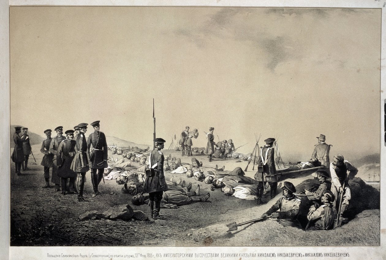 Storhertigarna Nikolai Nikolaievich och Michael Nicolaevich besöker en redoupt efter attacken den 12 februari 1855 (litografi) av Georg Wilhelm Timm