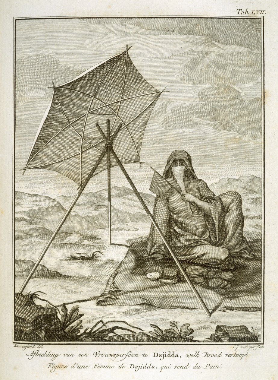 Kvinna från Dsjidda bakar tunnbröd i öknen, graverad av C.J. de Huyser, publicerad ca 1772-74 av Georg Wilhelm Baurenfeind