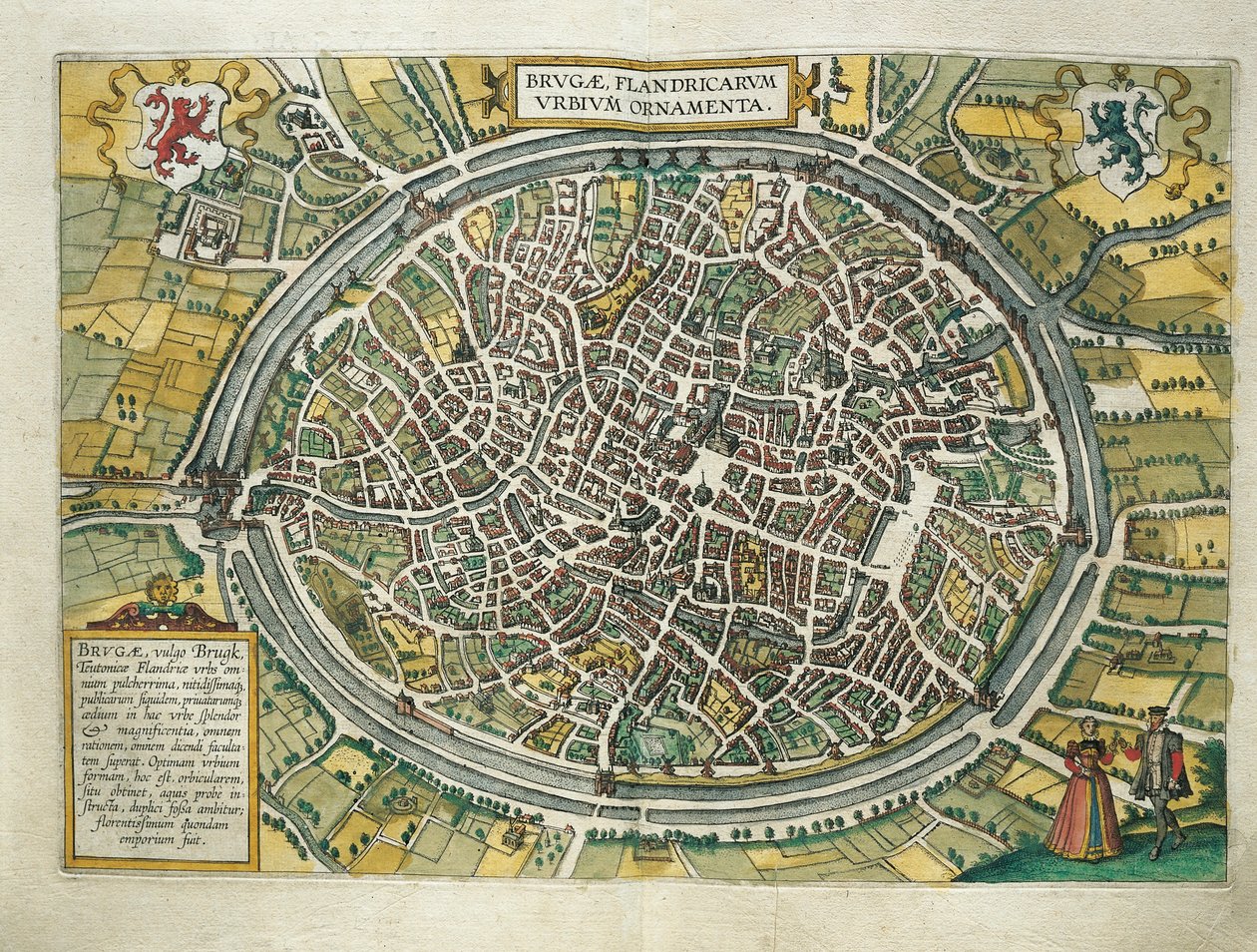 Belgien, Brygge karta från Cities of the World av Georg Braun (1541-1622) och Franz Hogenberg (1540-1590), Köln, gravyr av Georg Braun and Hogenberg Franz