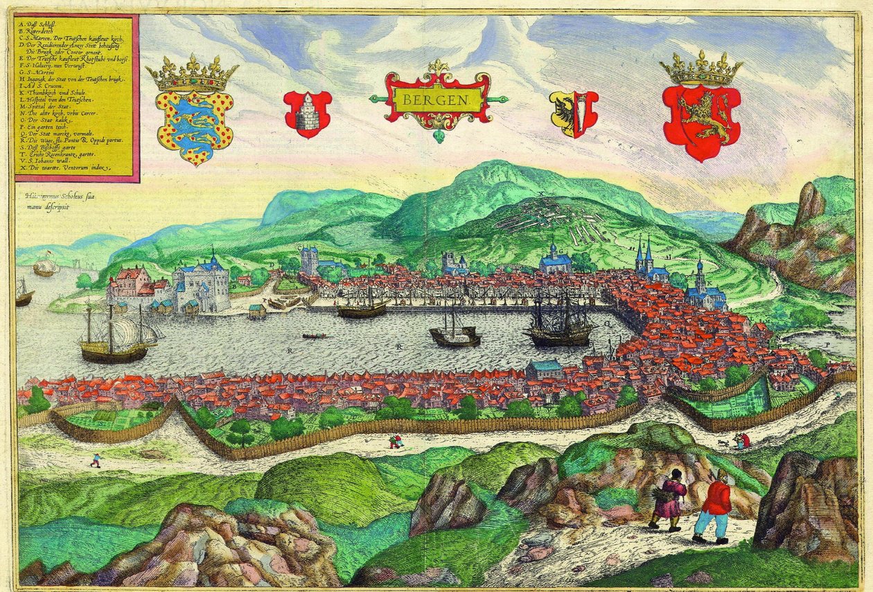 Bergen, Norge av Georg and Hogenberg Franz (1535 90) Braun
