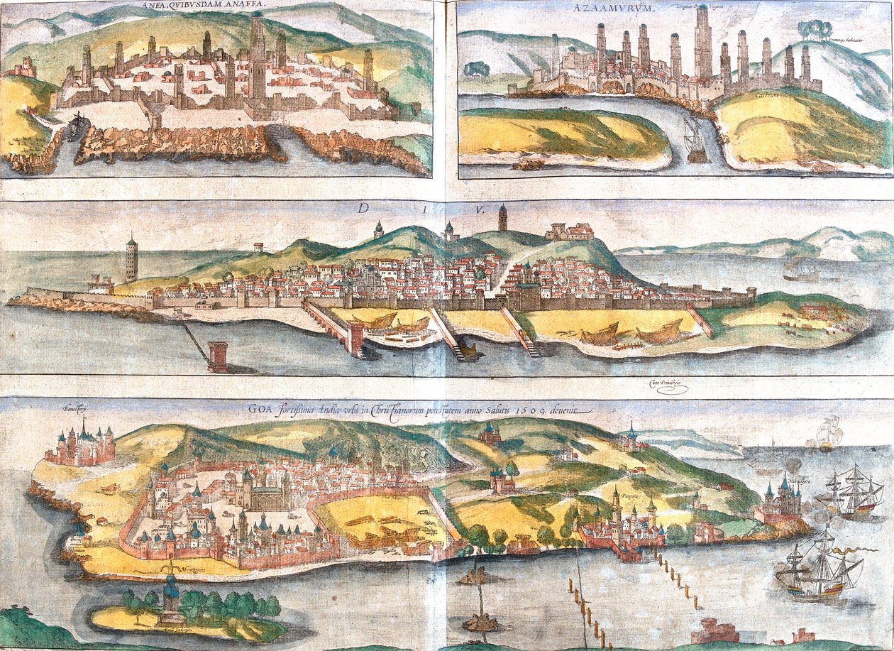 Casablanca, Azemmour, Diu, Goa, Marocko, Indien av Georg and Hogenberg Franz (1535 90) Braun