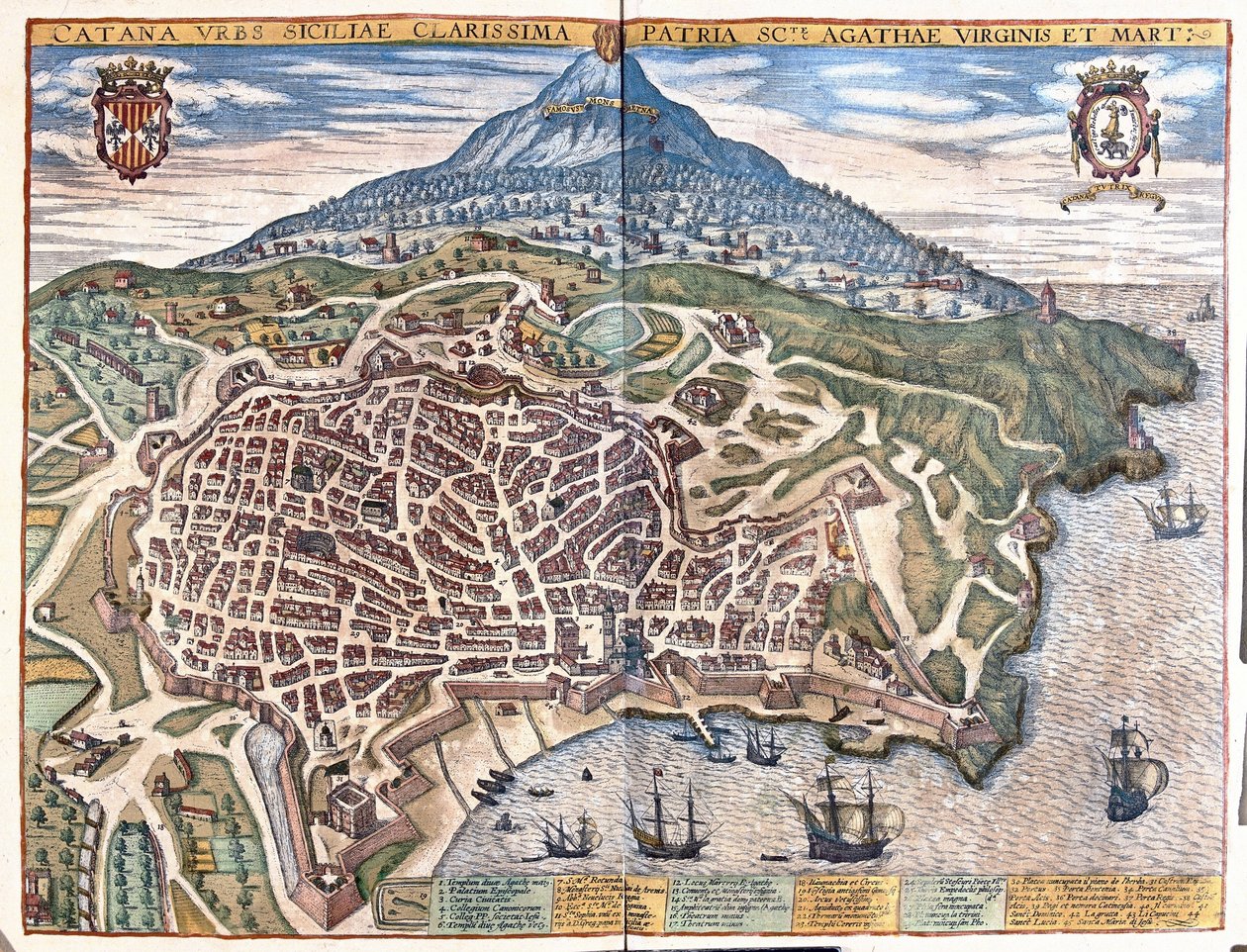 Catania, med Etna i bakgrunden, Sicilien, Italien (gravyr av Georg Braun and Hogenberg Franz