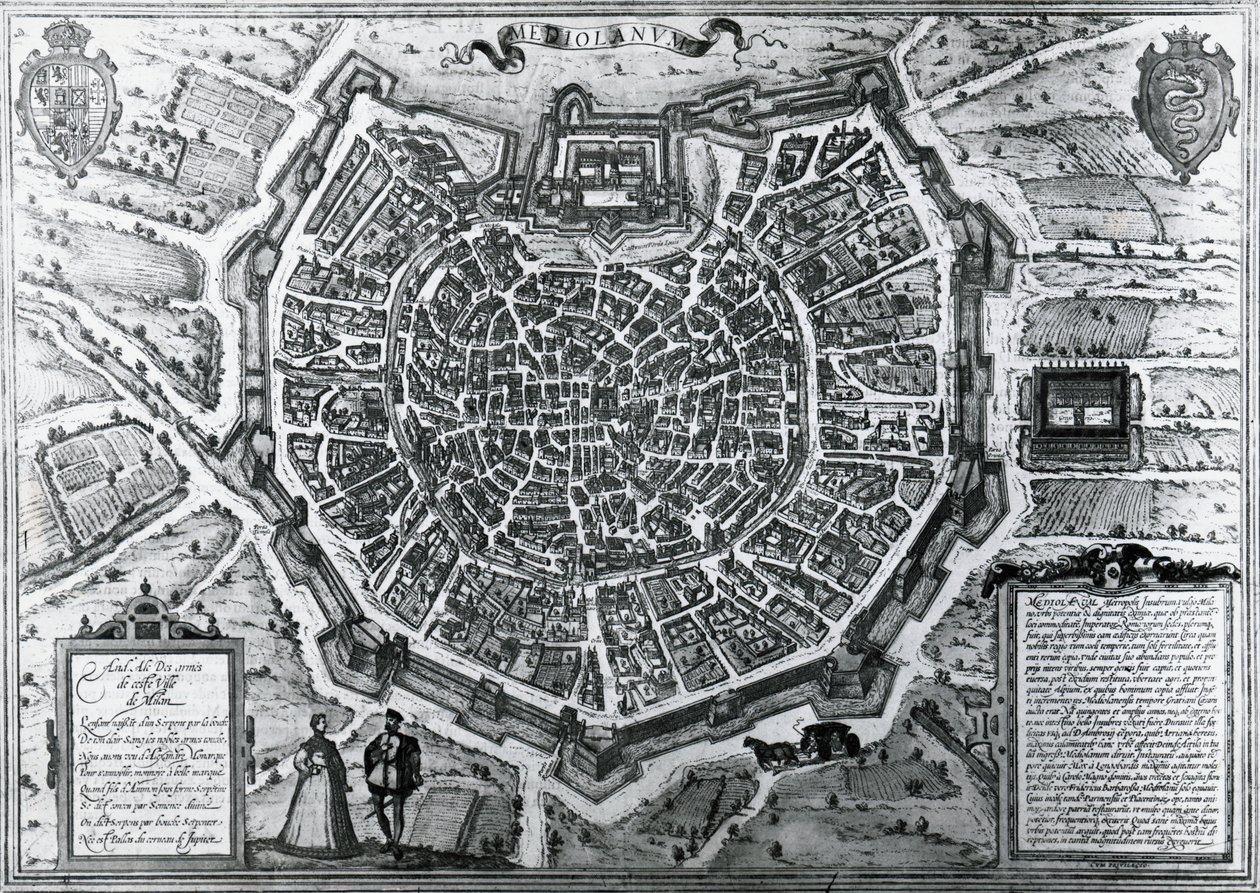 Stadskarta över Milano, 1572, av Antonio Lafreri (1512-1577), publicerad av Georg Braun och Franz Hogenberg, Italien av Georg Braun and Hogenberg Franz