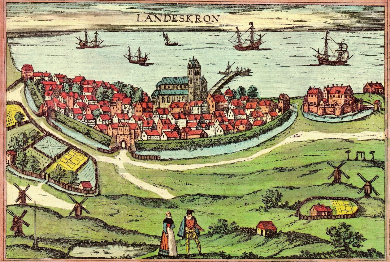 Landskrona stad, en antihanseatisk hamnstad, Danmark av Georg and Hogenberg Franz (1535 90) Braun