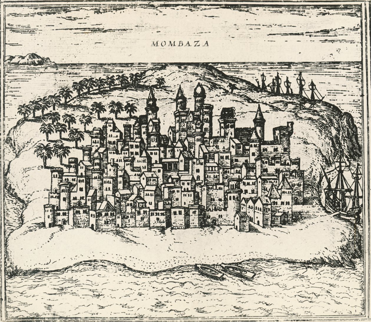 Staden Mombasa i Kenya, gravyr från Världsbanken av Georg Braun and Hogenberg Franz