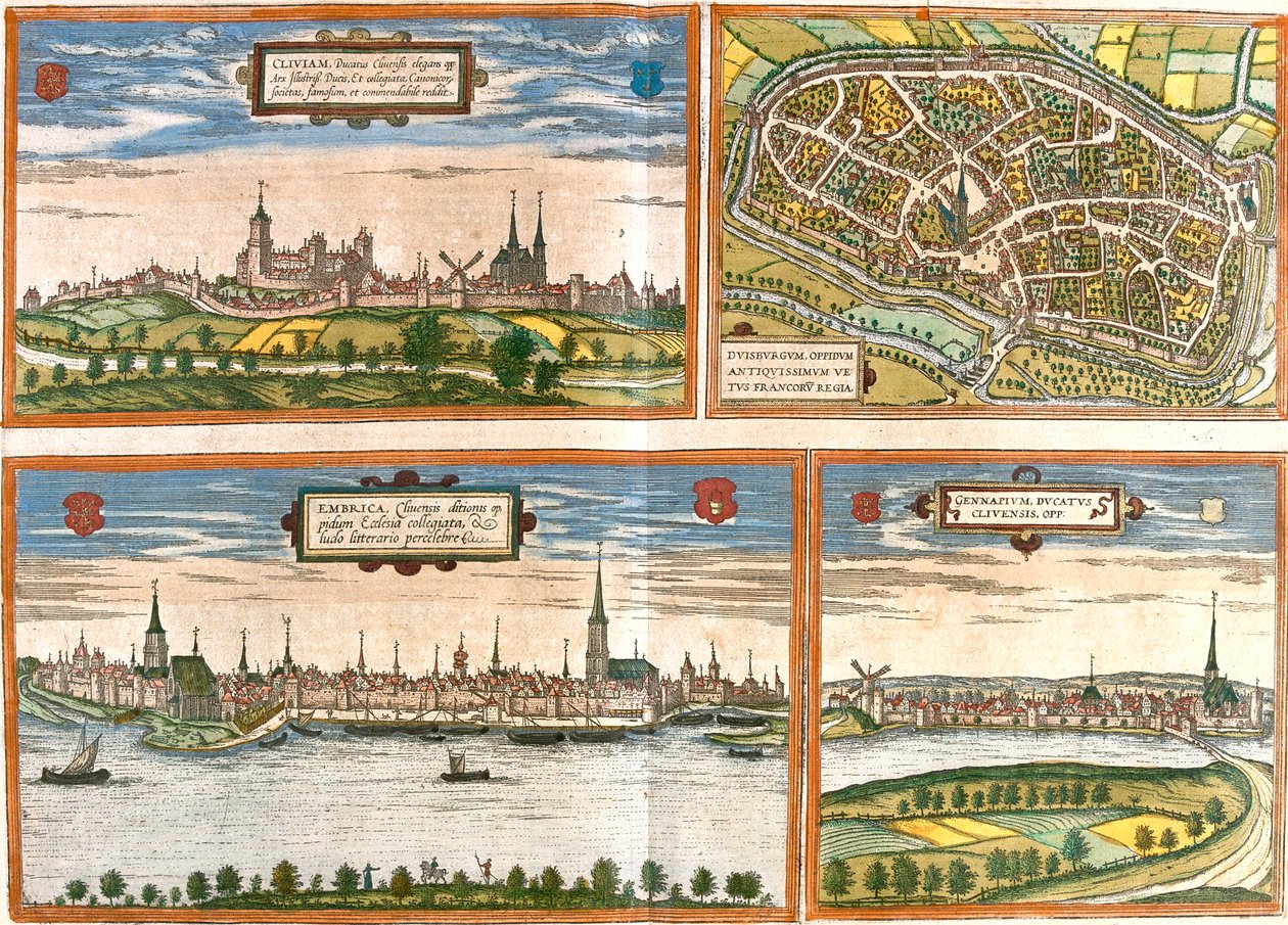 Cleves, Duisburg, Emmerich, Genappe, Tyskland, Belgien av Georg and Hogenberg Franz (1535 90) Braun
