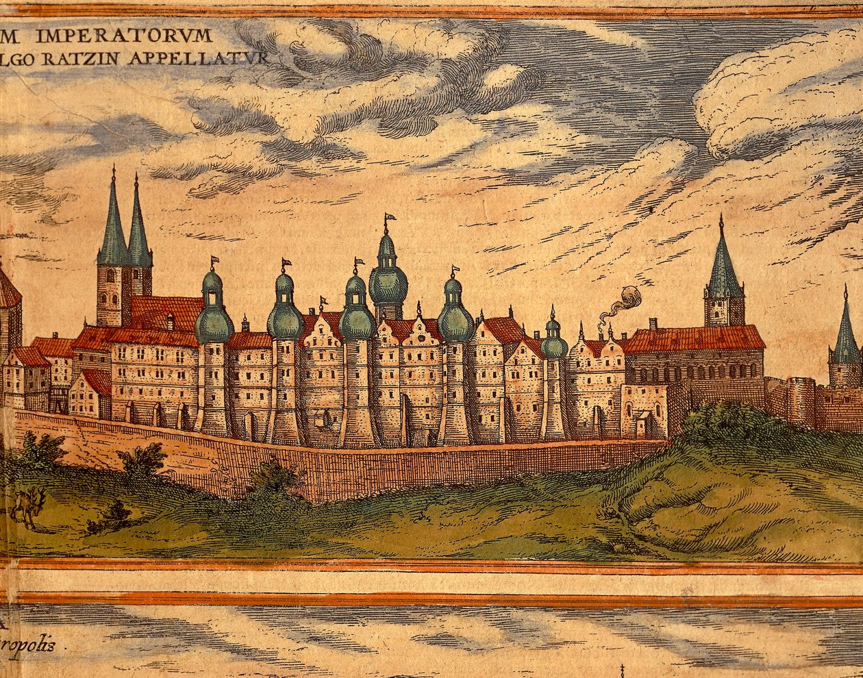 Tjeckien, Prag, vy över palatset, färggravyr från Civitates Orbis Terrarum av Georg Braun (1541-1622) och Franz Hogenberg (1535-1590) av Georg Braun and Hogenberg Franz