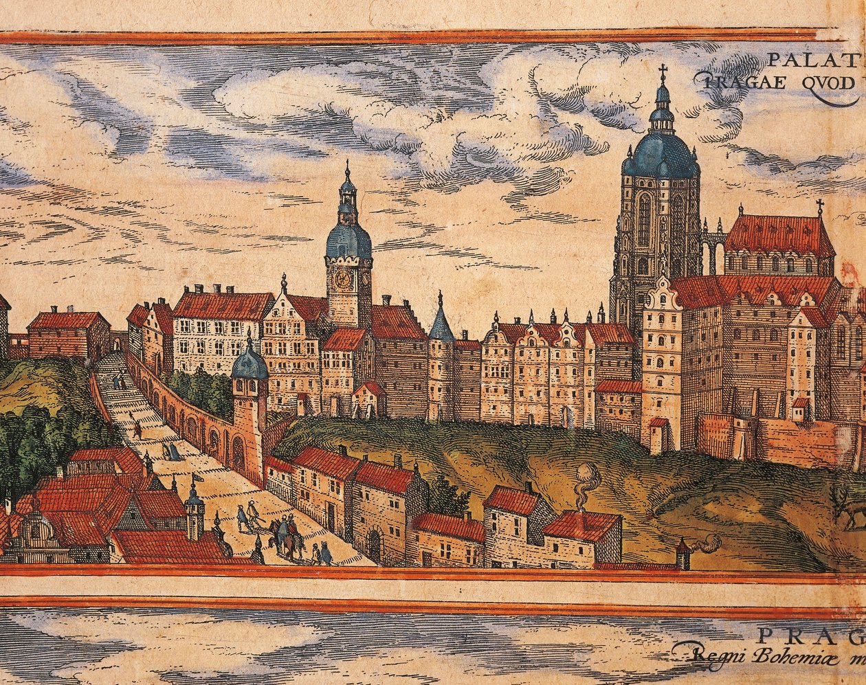 Tjeckien, Prag, Utsikt över citadellet, färggravyr från Civitates Orbis Terrarum av Georg Braun (1541-1622) och Franz Hogenberg (1535-1590) av Georg Braun and Hogenberg Franz