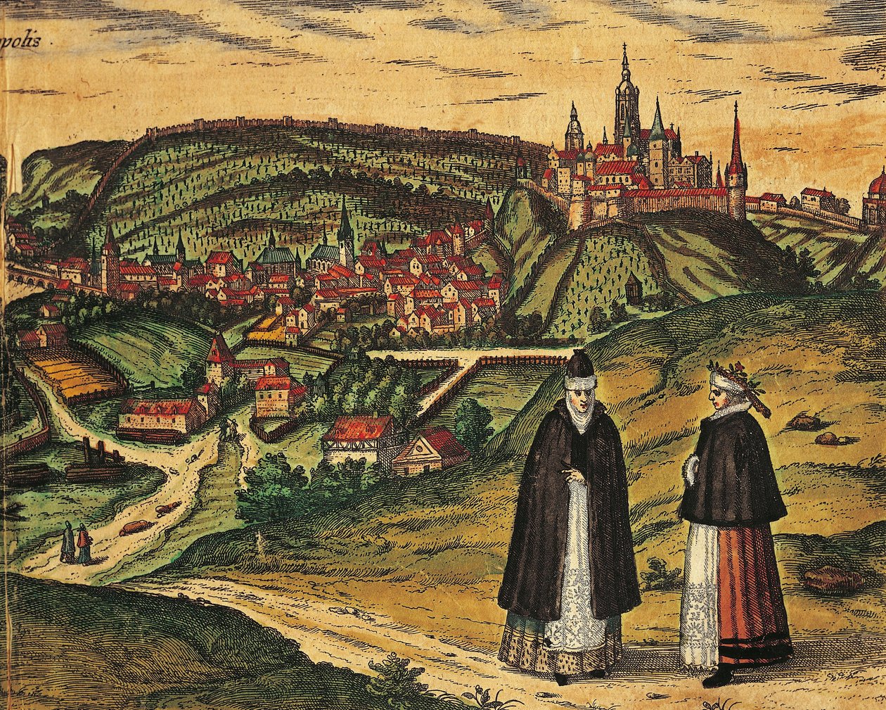 Tjeckien, Prag, Utsikt över staden med citadellet i bakgrunden, färggravyr från Civitates Orbis Terrarum av Georg Braun (1541-1622) och Franz Hogenberg (1535-1590) av Georg Braun and Hogenberg Franz