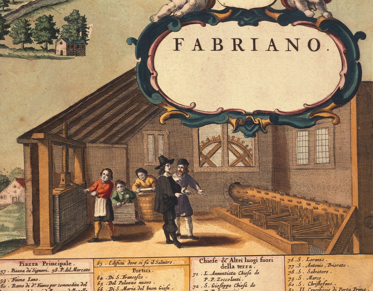 Detalj som representerar pappersindustrin i staden Fabriano, av Georg Braun av Georg Braun and Hogenberg Franz