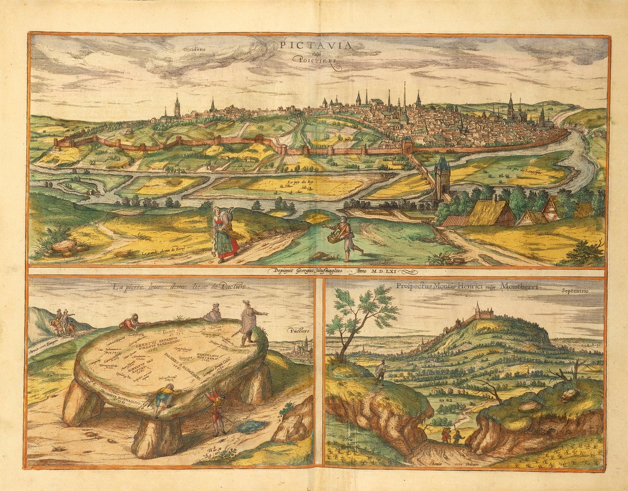 Dolmen nära Poitiers och staden Poitiers och Montherre från Civitates Orbis Terrarum av Georg Braun av Georg Braun and Hogenberg Franz