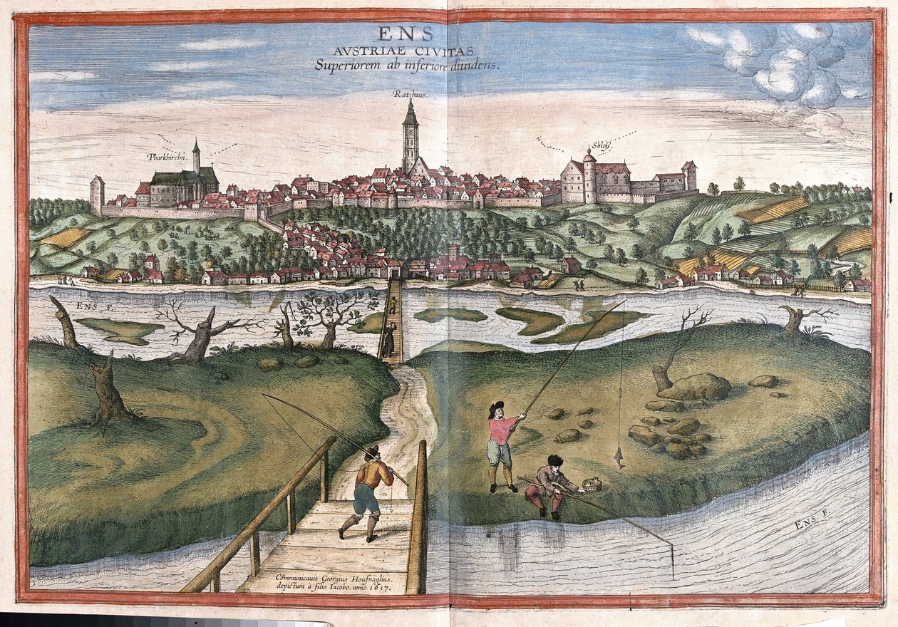 Enns, Österrike (gravyr av Georg Braun and Hogenberg Franz