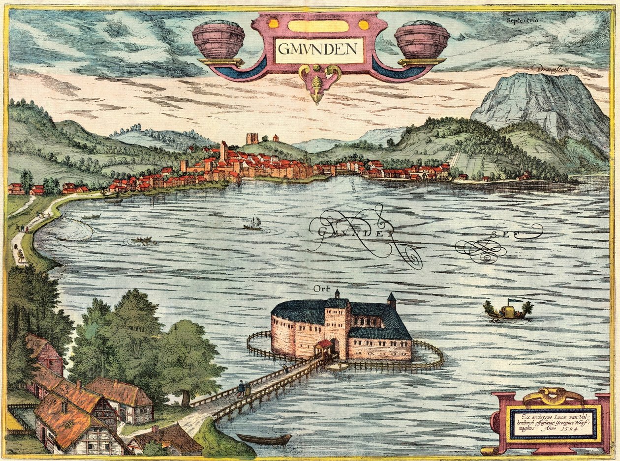 Gmunden, Österrike av Georg and Hogenberg Franz (1535 90) Braun