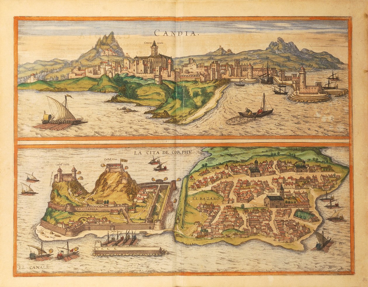 Heraklion, Candia och Korfu från Cities of the World av Georg Braun av Georg Braun and Hogenberg Franz