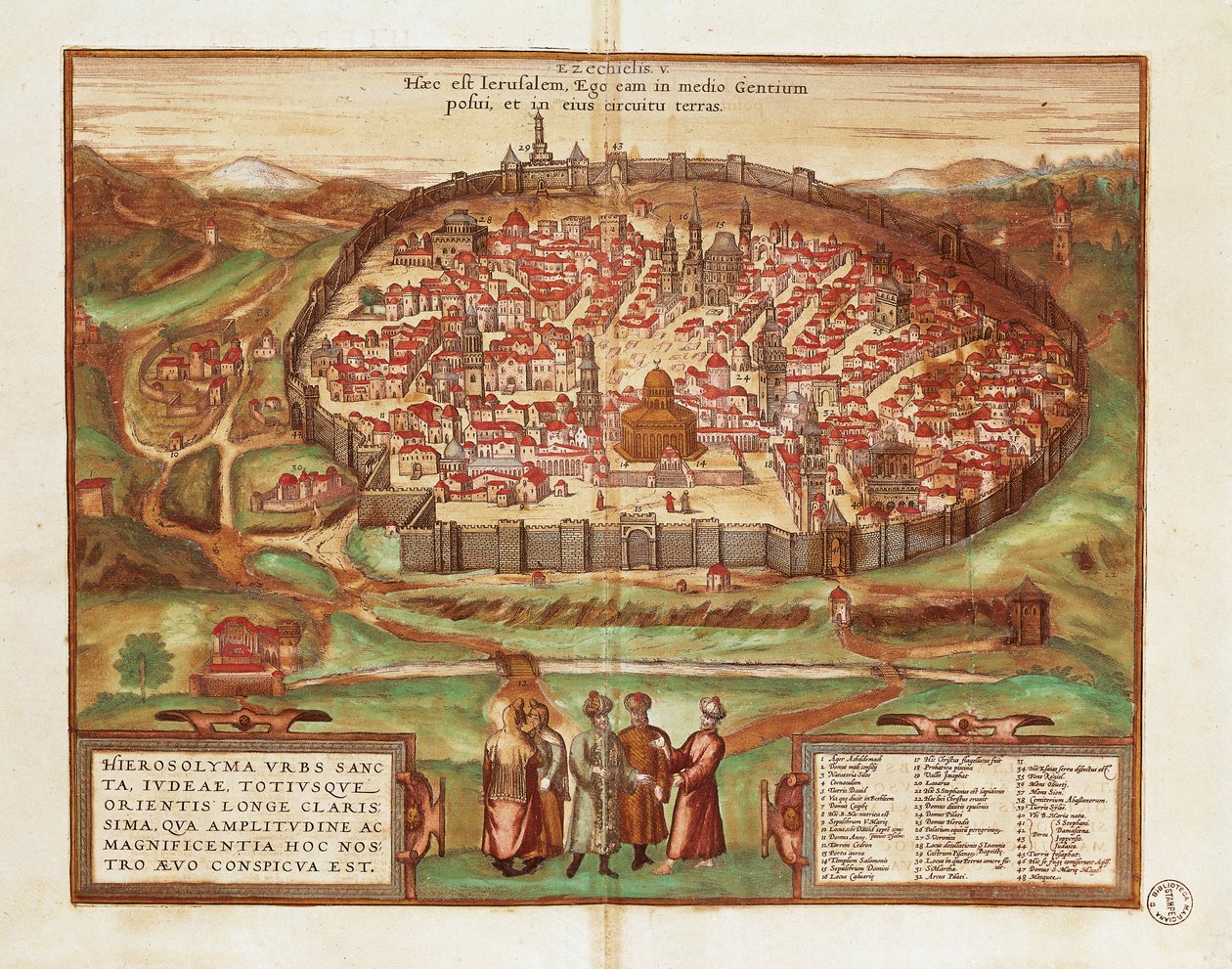 Israel och Palestina, Jerusalem, av Georg Braun och Franz Hogenberg, från Civitates Orbis Terrarum, färgstick av Georg Braun and Hogenberg Franz
