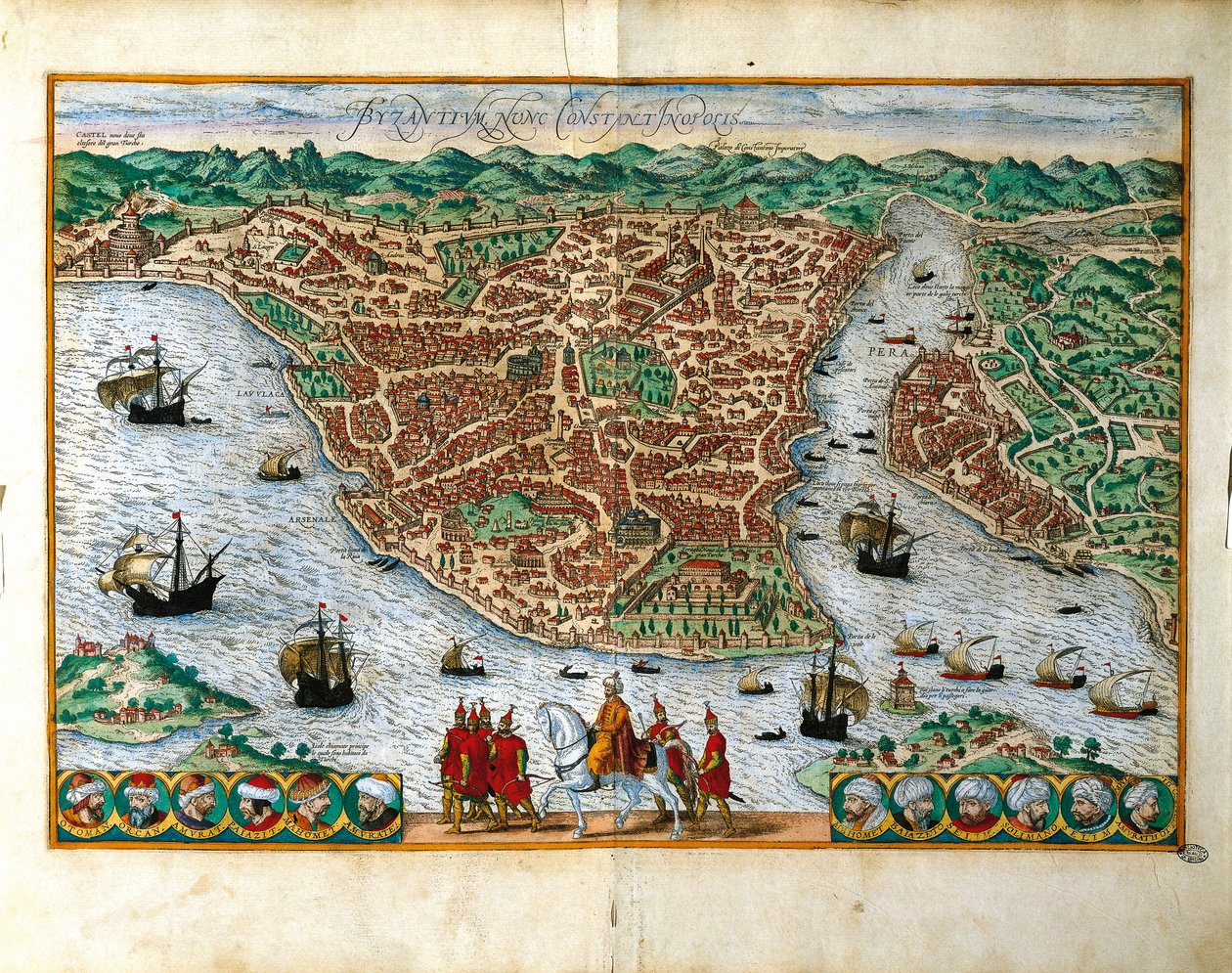 Italien, Milano, Perspektivvy av staden Konstantinpol av Georg Braun (1541-1622) och Franz Hogenberg (1535-1590), färggravyr av Georg Braun and Hogenberg Franz