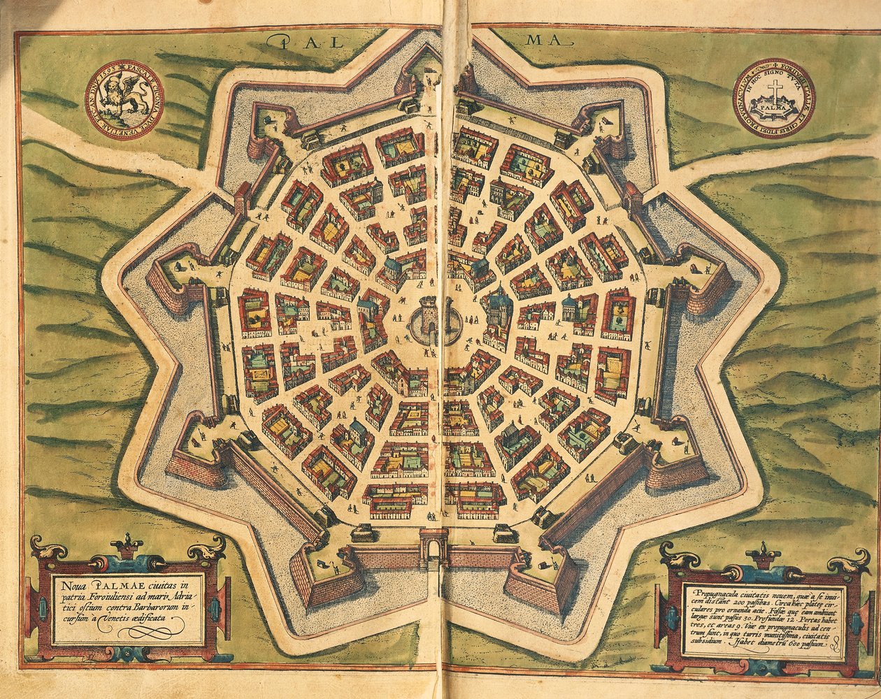 Italien, Palmanova, karta, gravyr från Civitates Orbis Terrarum av Georg Braun och Franz Hogenberg, verksam i Köln av Georg Braun and Hogenberg Franz
