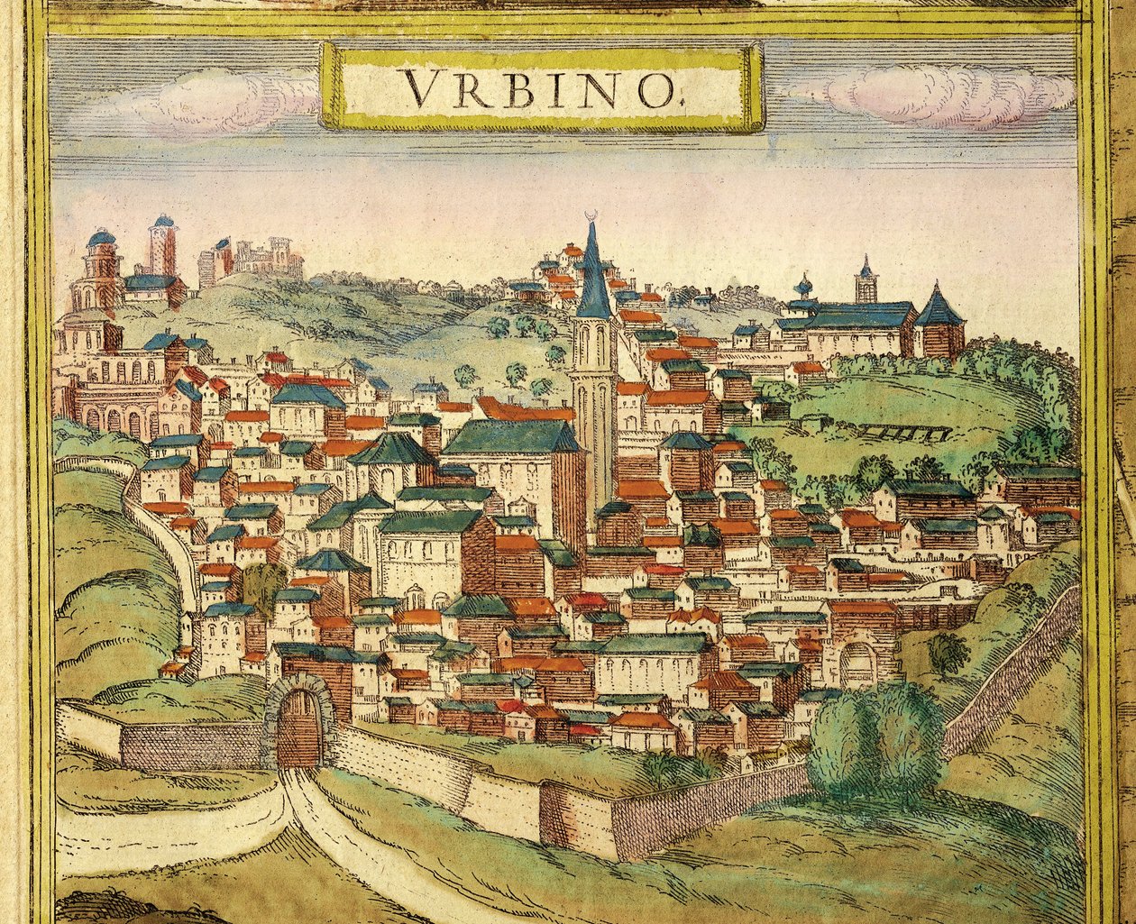 Italien, Urbino, Utsikt över staden, färggravyr från Civitates Orbis Terrarum av Georg Braun (1541-1622) och Franz Hogenberg (1535-1590) av Georg Braun and Hogenberg Franz