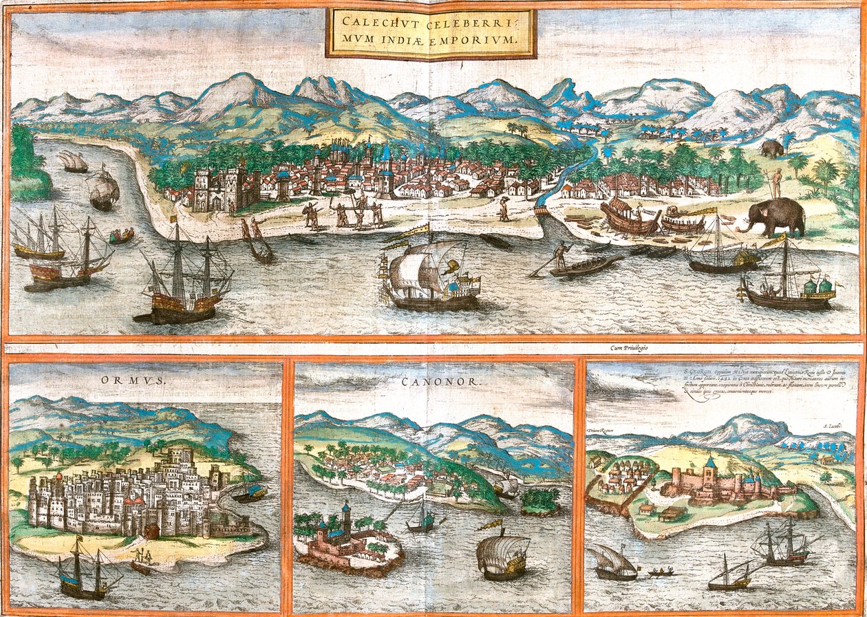 Kozhikode, Hormuz Island, Kannur, Elmina, Indien, Iran, Ghana av Georg and Hogenberg Franz (1535 90) Braun