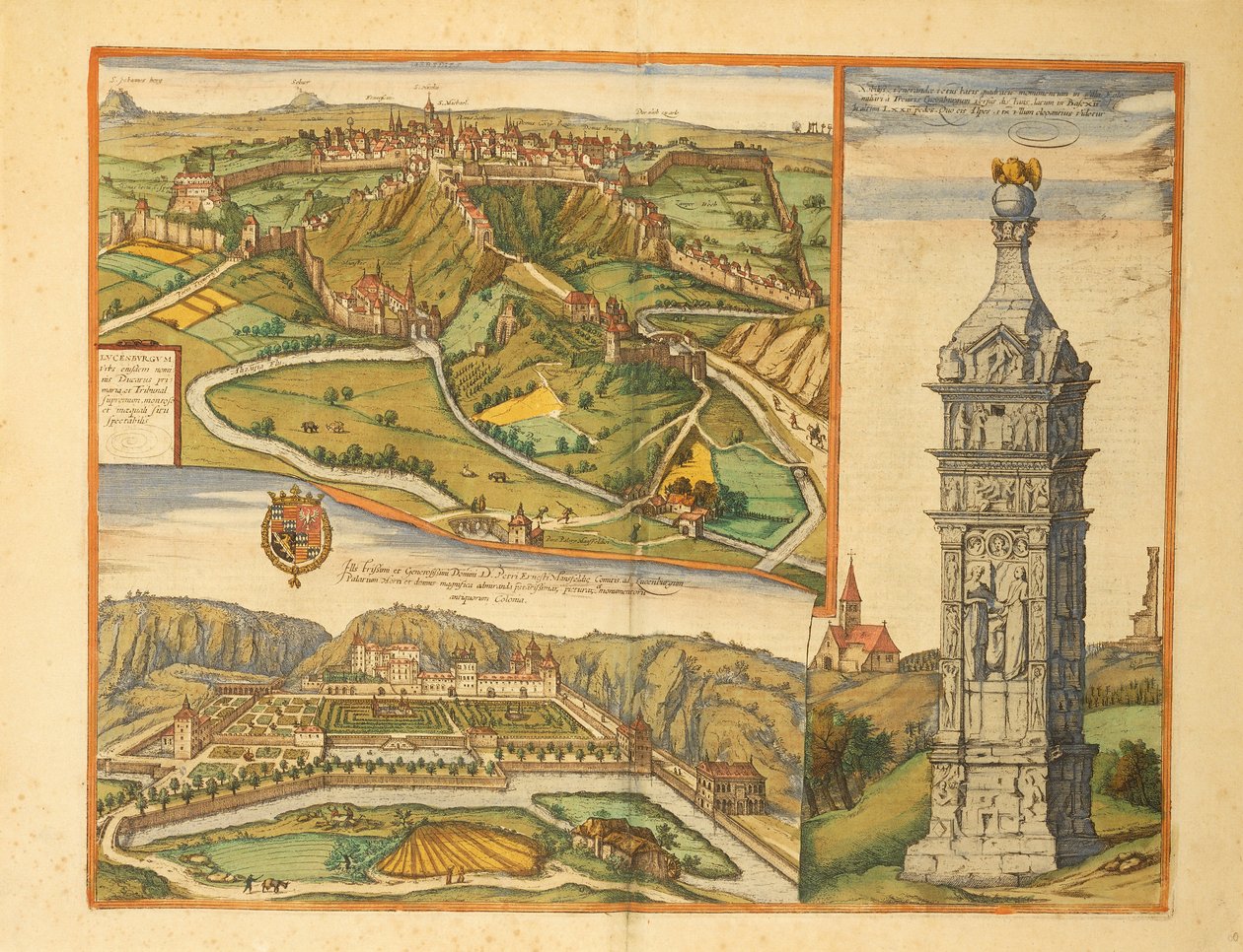 Luxemburg stad, storhertigpalatset och stenmonumentet från Civitates Orbis Terrarum av Georg Braun av Georg Braun and Hogenberg Franz