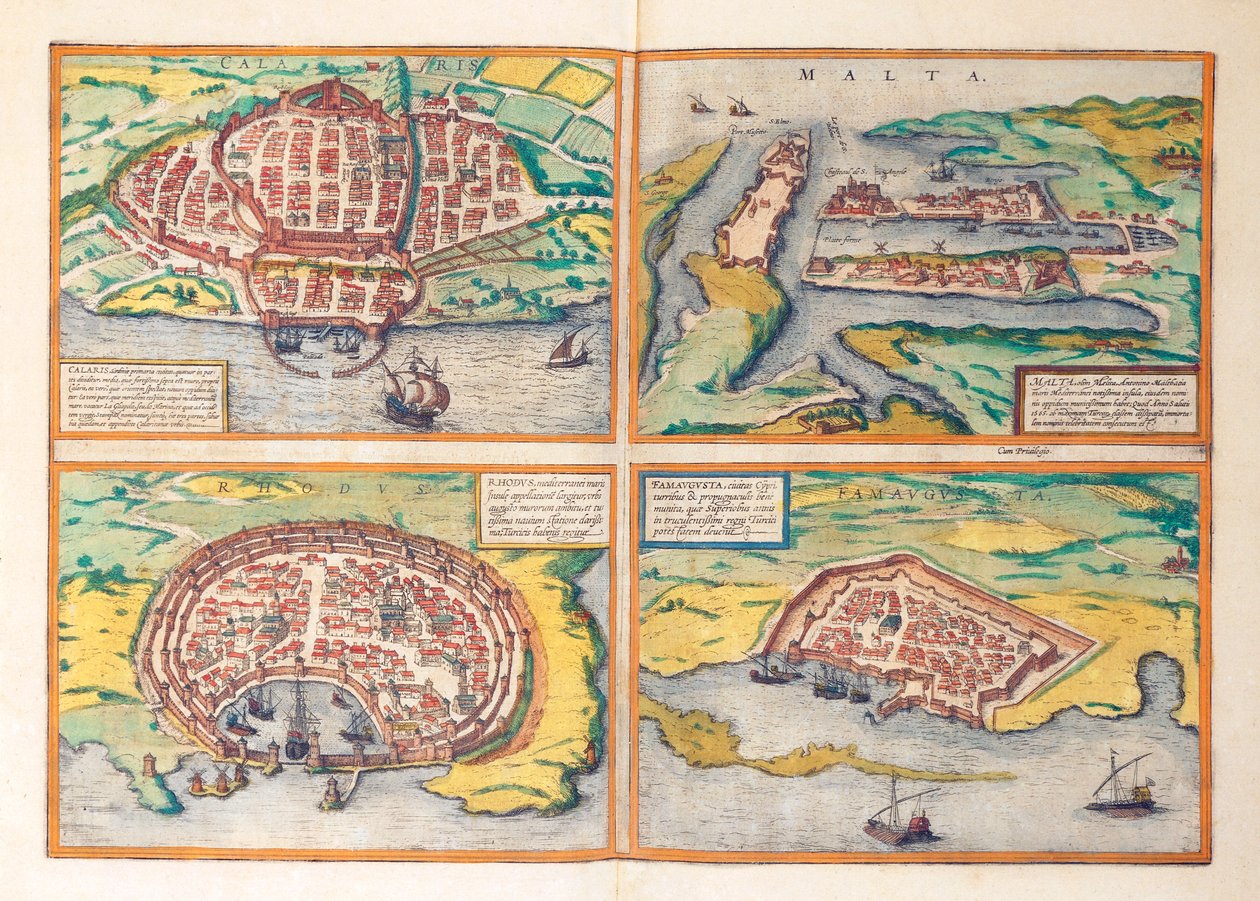 Karta över Cagliari, Malta, Rhodos och Famagusta från World Cities av Georg Braun av Georg Braun and Hogenberg Franz