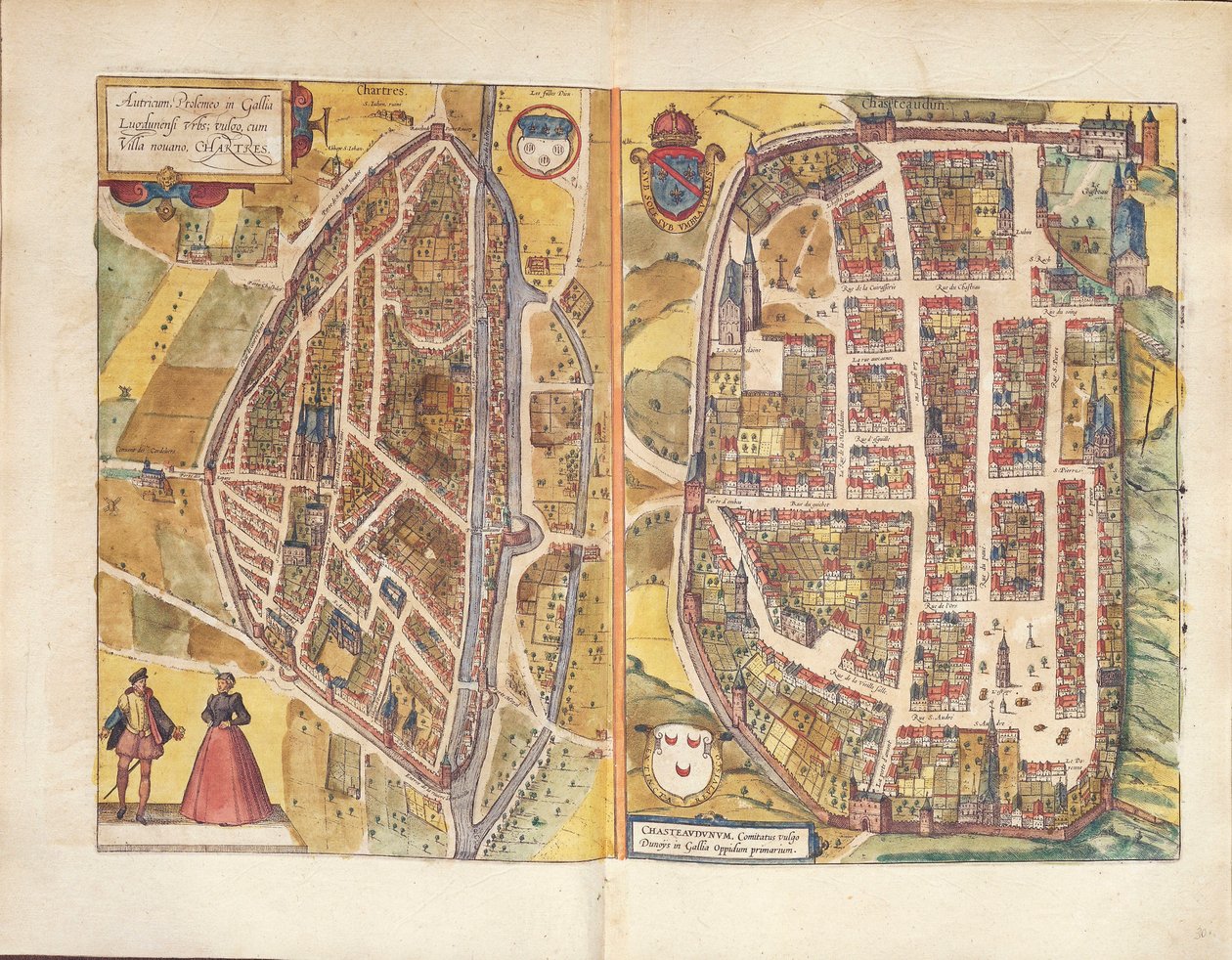 Karta över Chateaudun och Chartres, Frankrike, från Civitates Orbis Terrarum av Georg Braun av Georg Braun and Hogenberg Franz