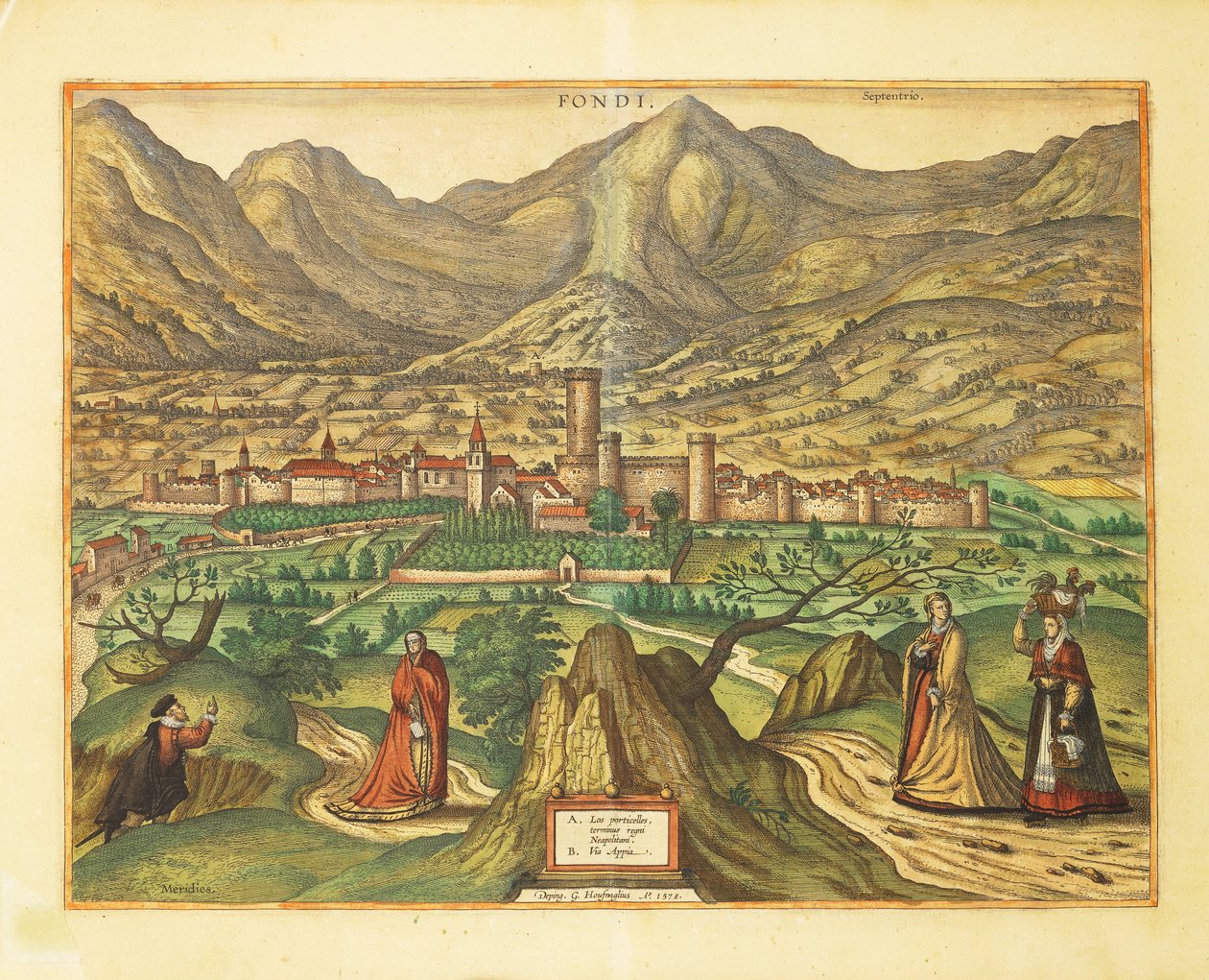 Karta över Fondi, Lazio-regionen från World Cities av Georg Braun av Georg Braun and Hogenberg Franz