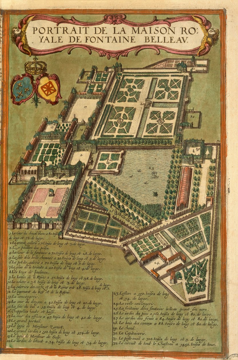 Karta över slottet Fontainebleau från andra världskriget av Georg Braun av Georg Braun and Hogenberg Franz