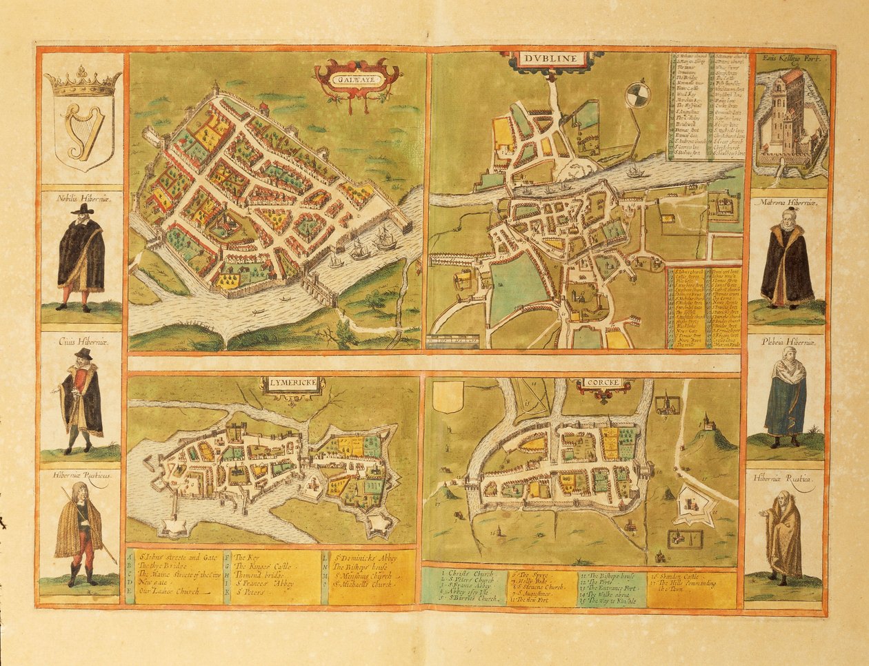 Karta över Galway, Dublin, Limerick och Cork från Civitates Orbis Terrarum av Georg Braun av Georg Braun and Hogenberg Franz