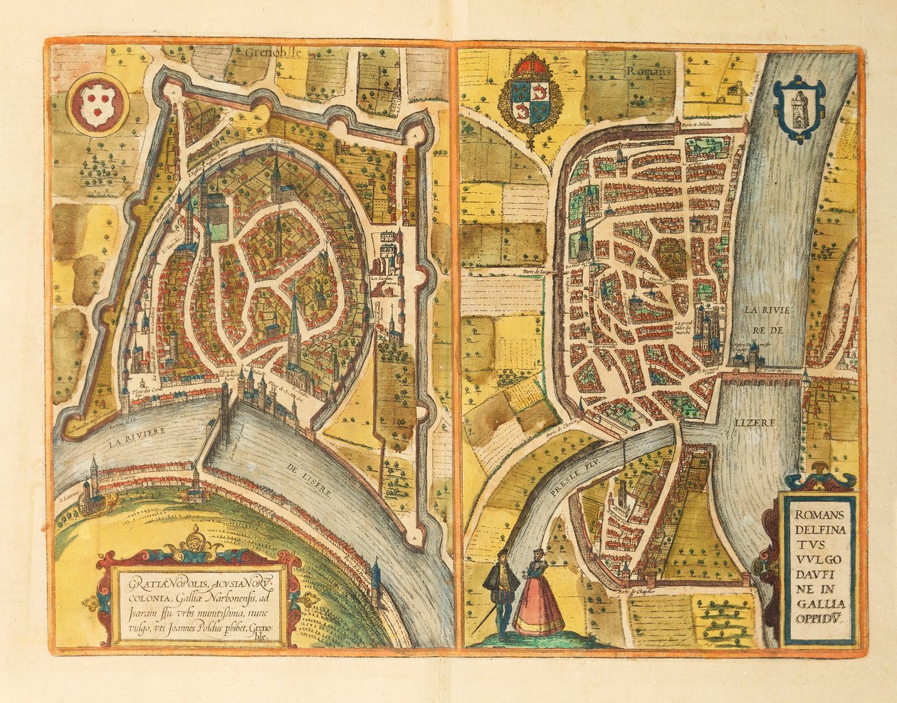 Karta över Grenoble och Le Mans från världsstäder av Georg Braun av Georg Braun and Hogenberg Franz