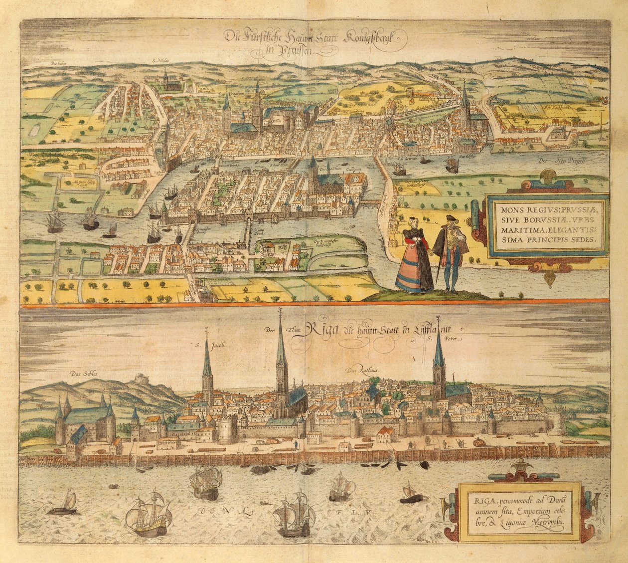 Karta över Konigsberg och Riga från USA av Georg Braun av Georg Braun and Hogenberg Franz
