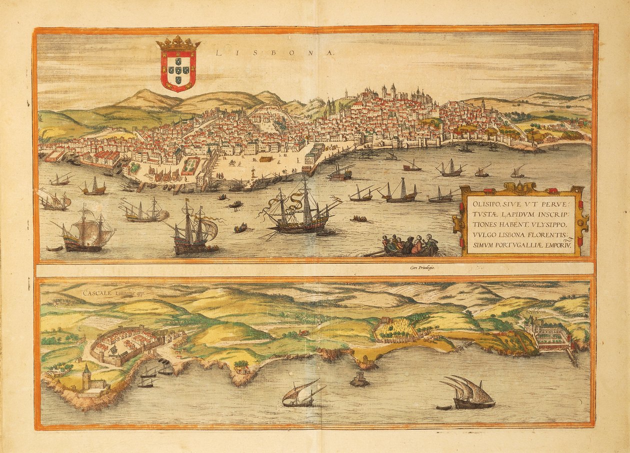 Karta över Lissabon och Cascais från USA av Georg Braun av Georg Braun and Hogenberg Franz