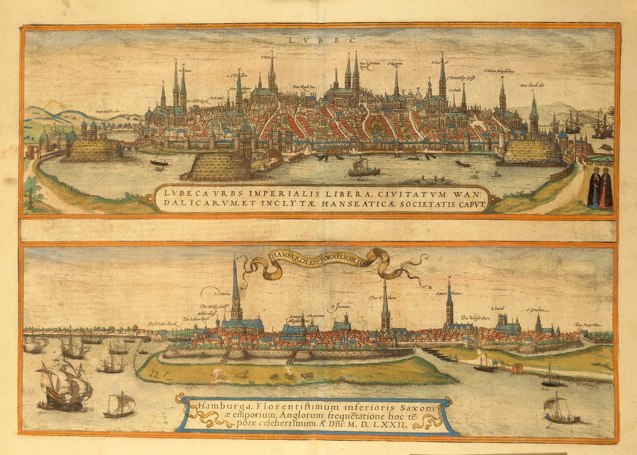 Karta över Lubeck och Hamburg från Cities of the World av Georg Braun av Georg Braun and Hogenberg Franz
